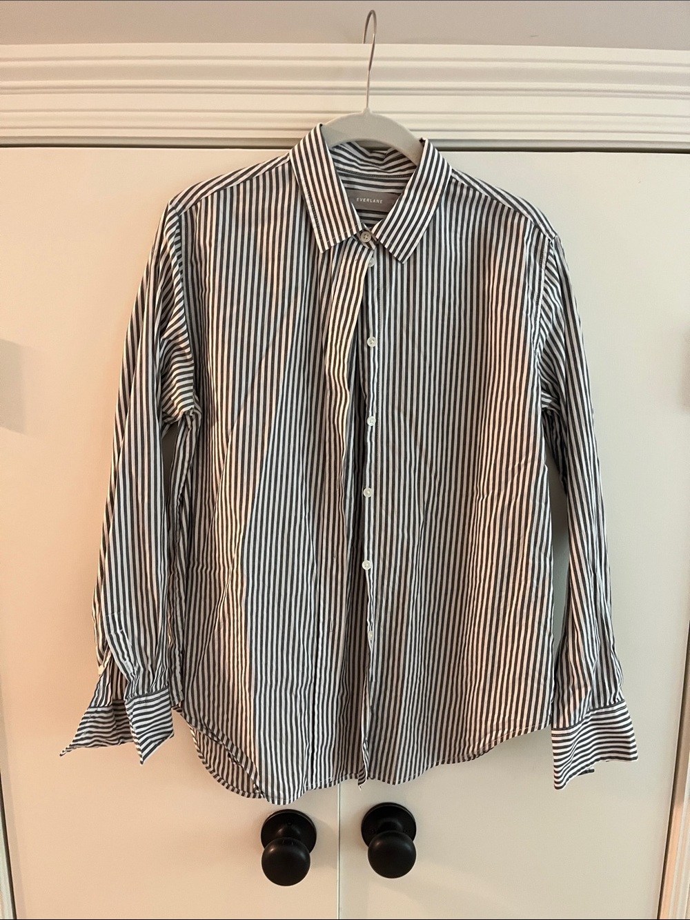 Everlane Gray and White Vertical Stripe Button-Down Shirt